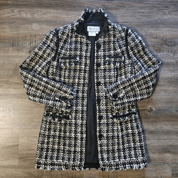 Worth Jackets & Blazers - Vintage WORTH Elegant Black and White Women's Preppy Fringed Tweed Jacket